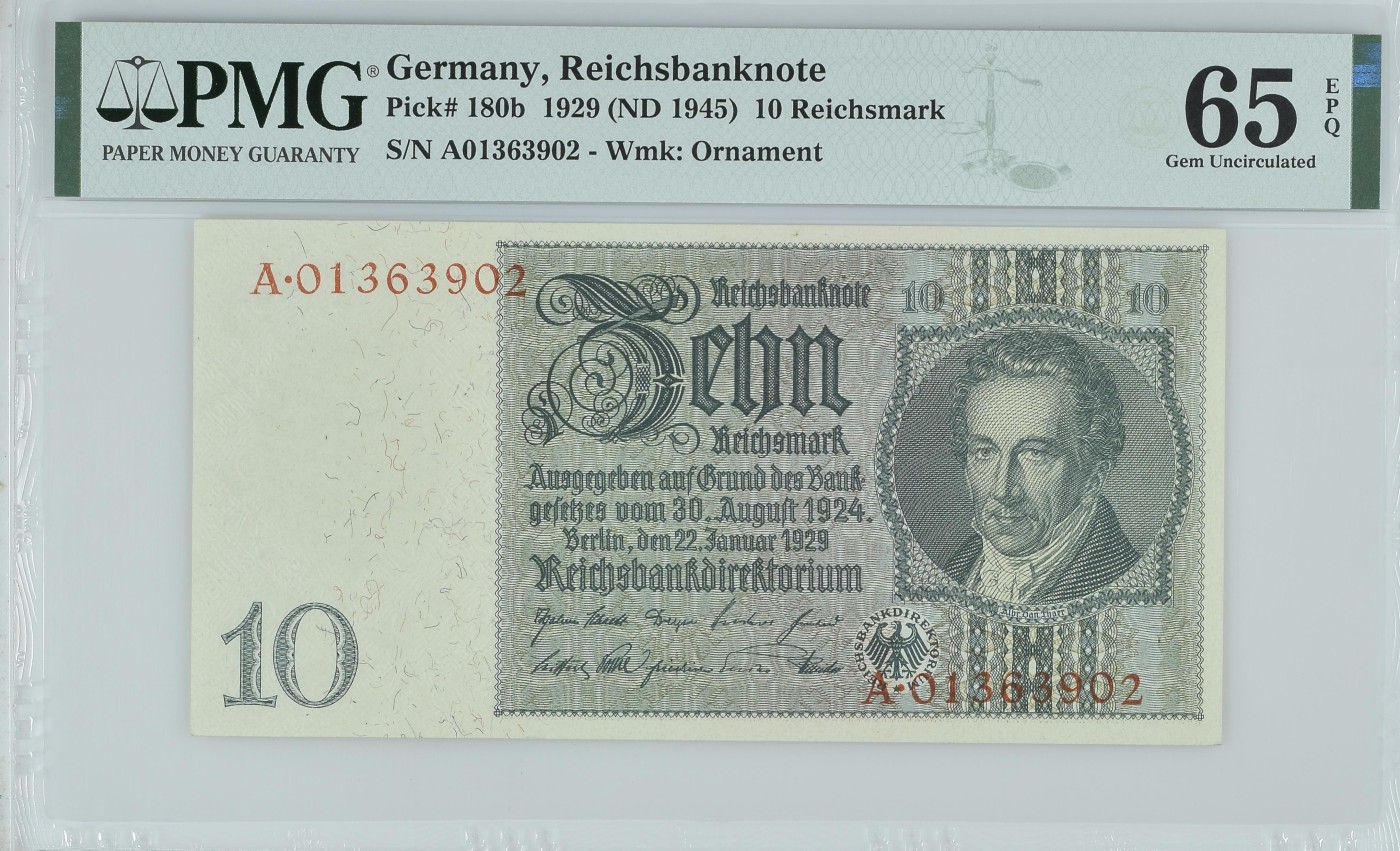 收藏联盟Quantum Auction 第337期拍卖  德国1929 (ND 1945)年10马克 PMG65 A冠