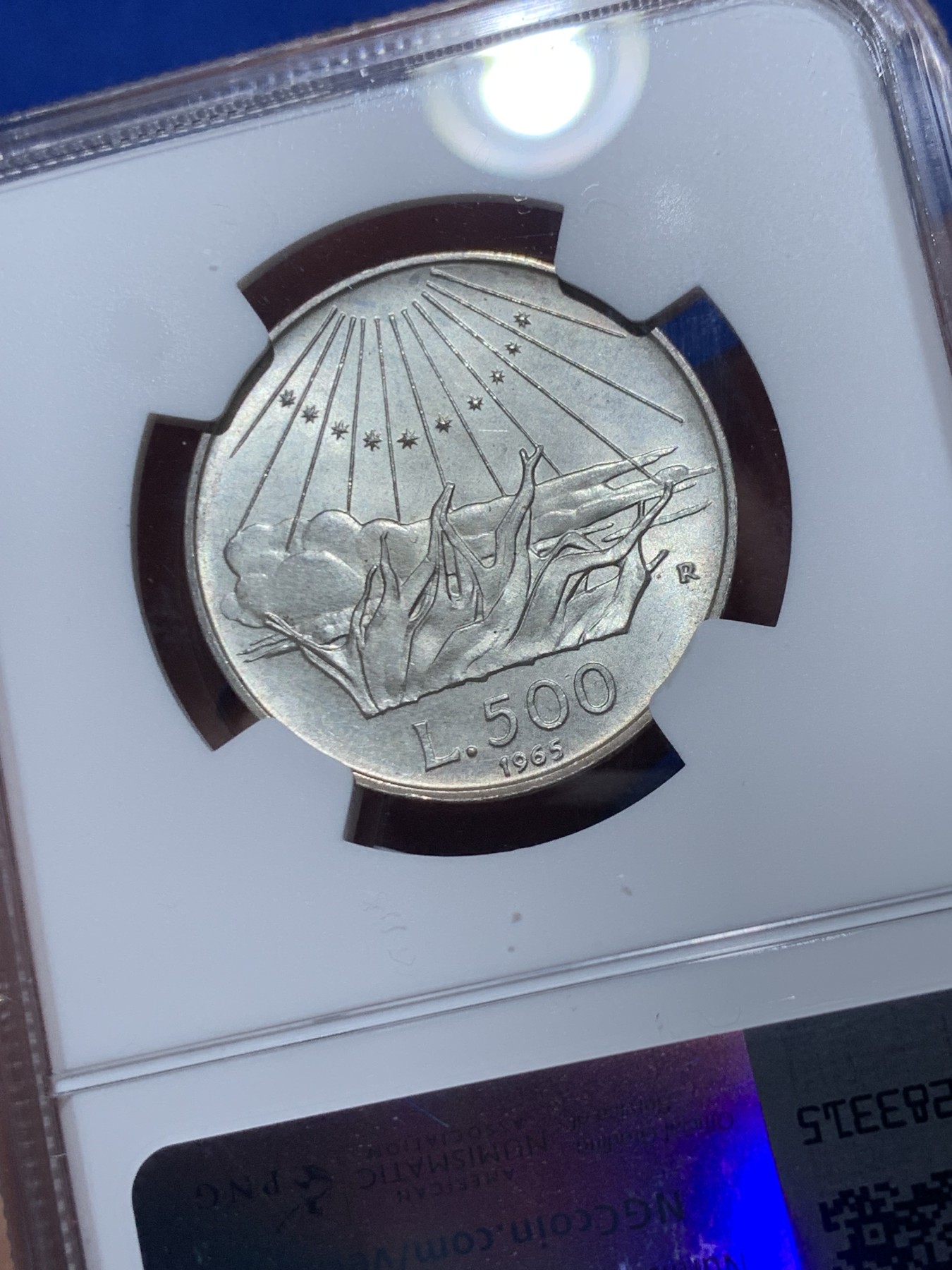 《竞宝斋》第257场-周日，周一 2场连拍 (全场包邮) NGC MS65 意大利1965年但丁500里拉银币 少见品