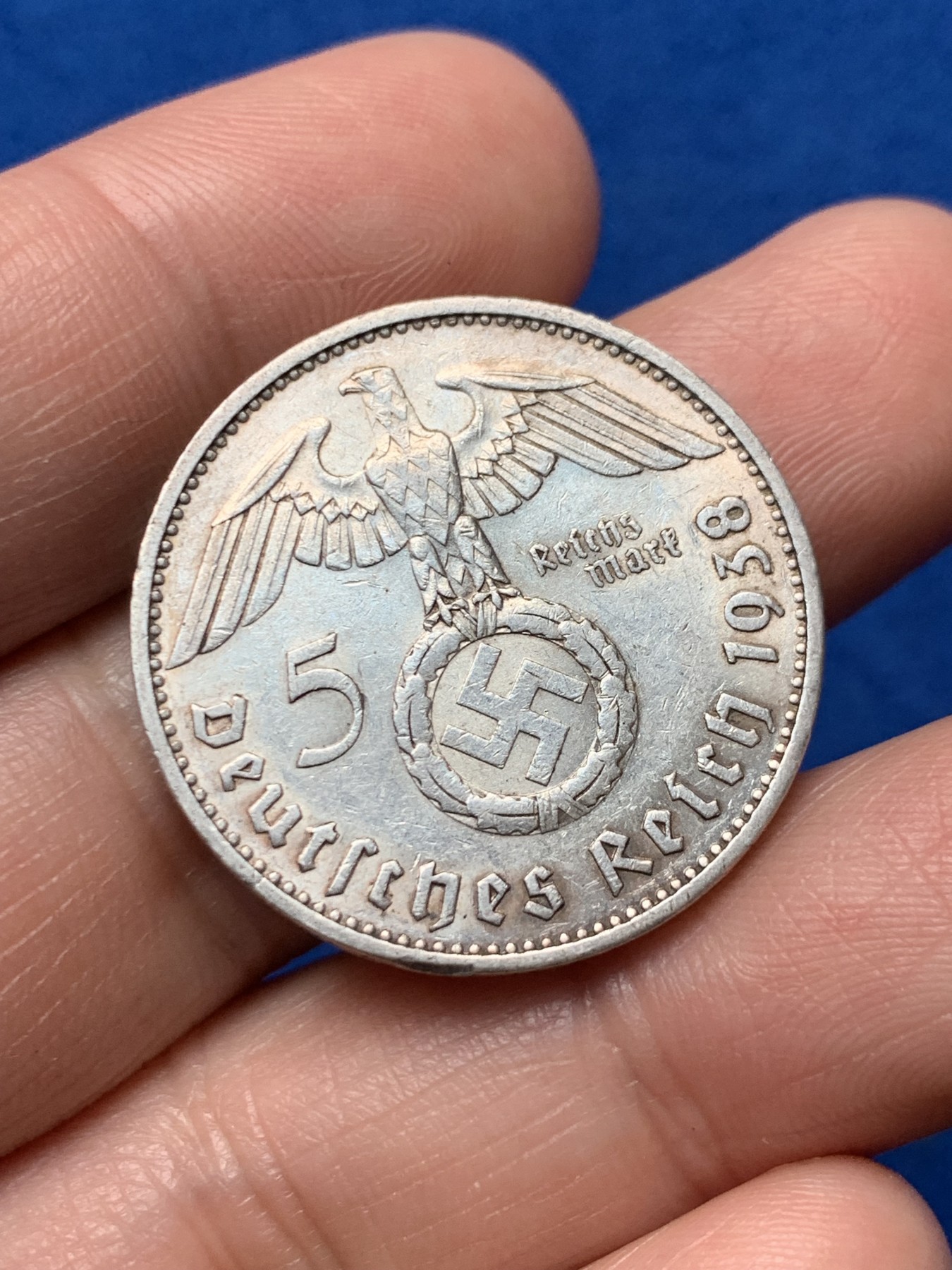 《竞宝斋》第257场-周日，周一 2场连拍 (全场包邮) 德国 1938年 兴登堡 5马克 银币 细节不错