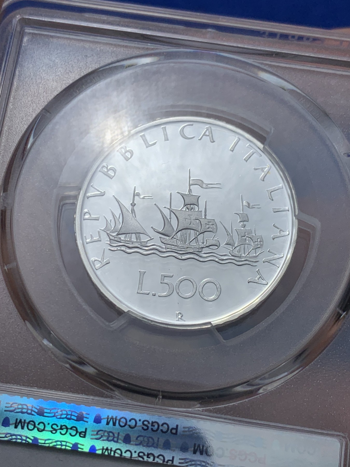 《竞宝斋》第257场-周日，周一 2场连拍 (全场包邮) PCGS PR69DCAM 意大利1989年罗马造币厂500里拉帆船女神银币 69分凝霜明显潜力巨大