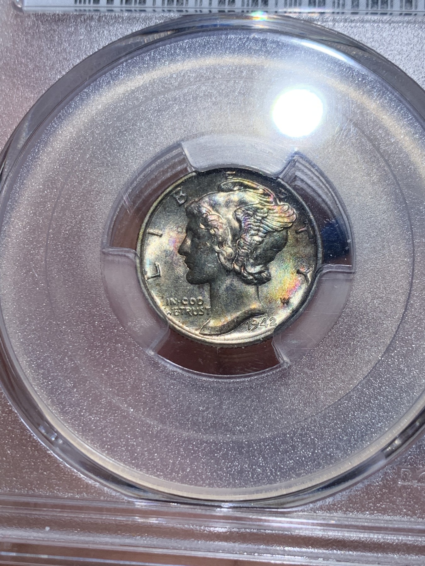 《竞宝斋》第257场-周日，周一 2场连拍 (全场包邮) PCGS MS65 美国 1942年 10美分 小飞侠 银币 彩浆小飞侠不多见