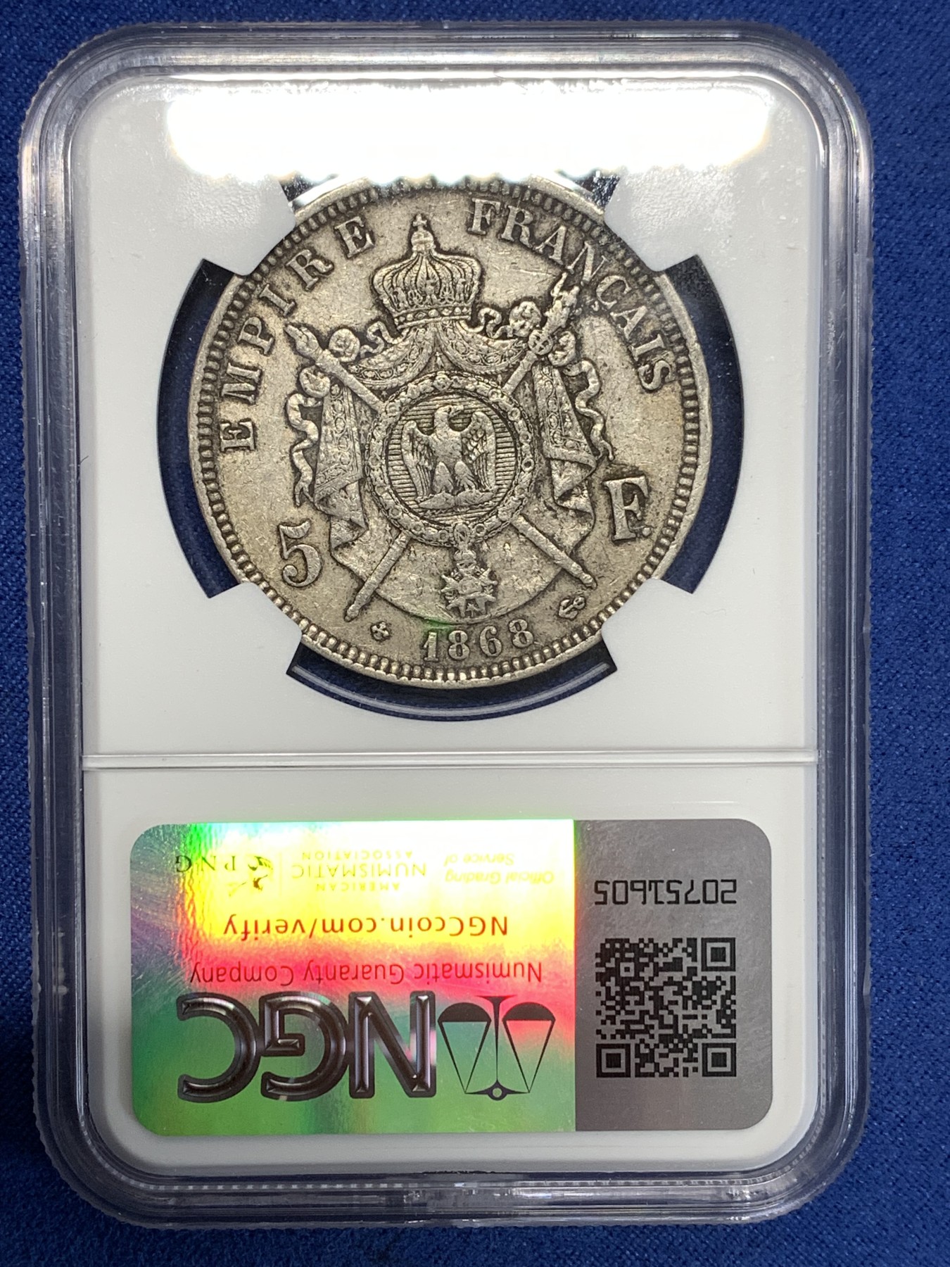《竞宝斋》第257场-周日，周一 2场连拍 (全场包邮) NGC XF45 法国1868年拿破仑三世5法郎银币