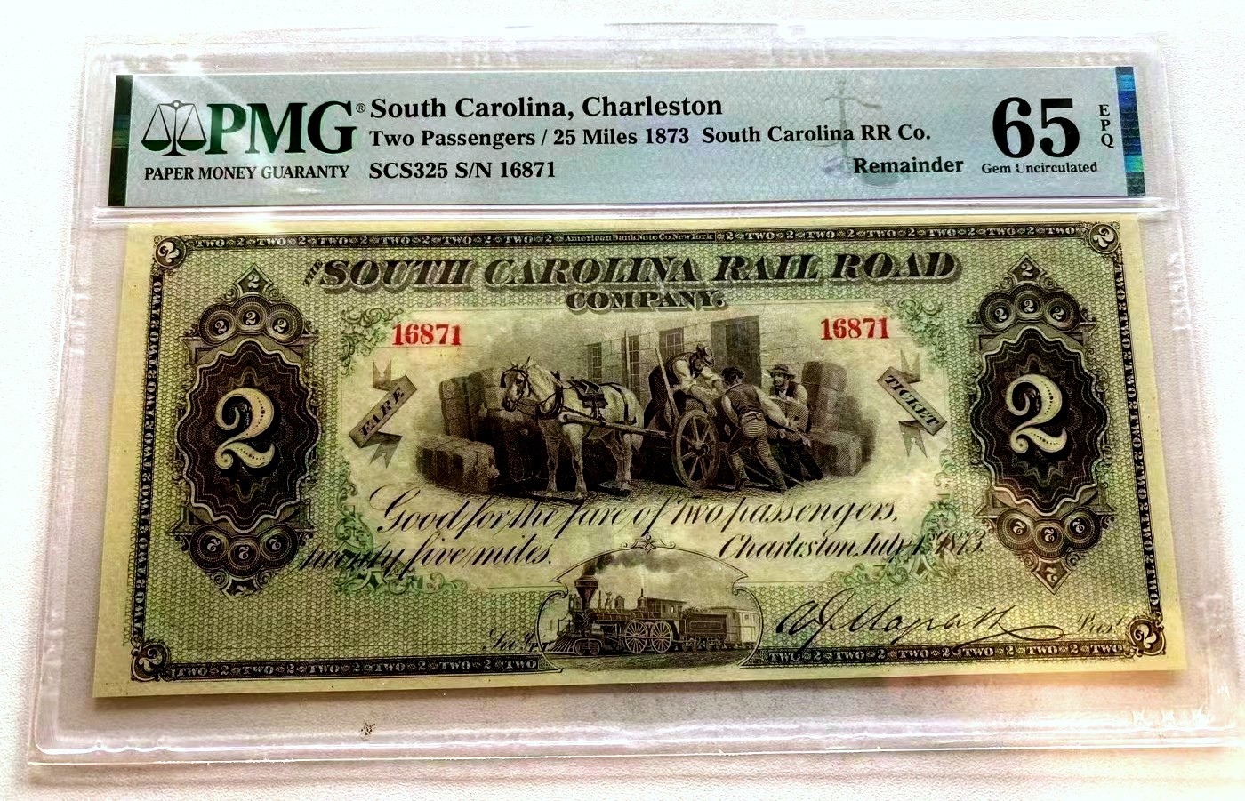 【Blue Auction】✨世界纸币精拍第460期【精】 美国 南卡州 1873年2美金 PMG65EPQ 带签名 双面设计精美