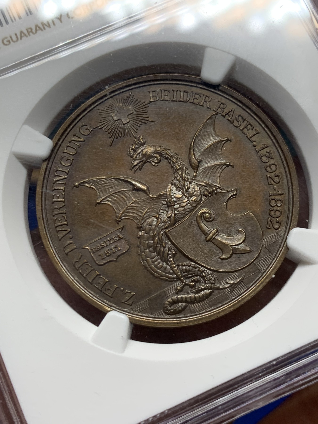 《竞宝斋》第257场-周日，周一 2场连拍 (全场包邮) NGC MS64BN 瑞士1892年巴塞尔统一500周年纪念城市景观铜章 设计精美 稀少难得！