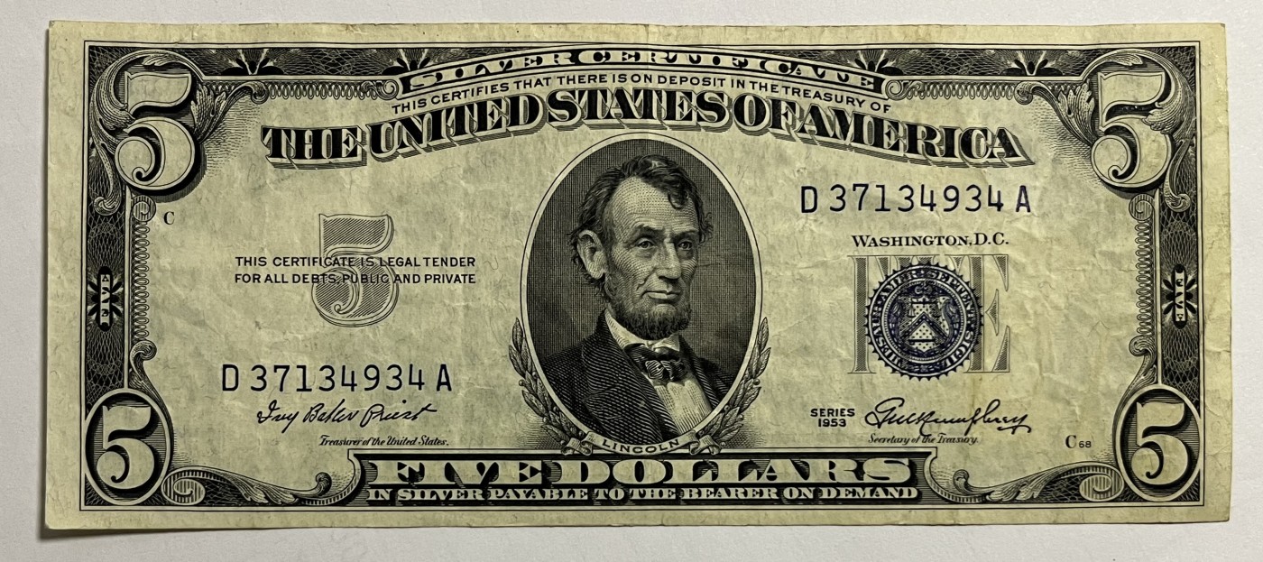 Chase Auction 第27期 - - 外钞、民国钞和人民币混合场！ 1953年正版 5美元 银币券 Silver Certificate D区首发A冠 蓝色号码