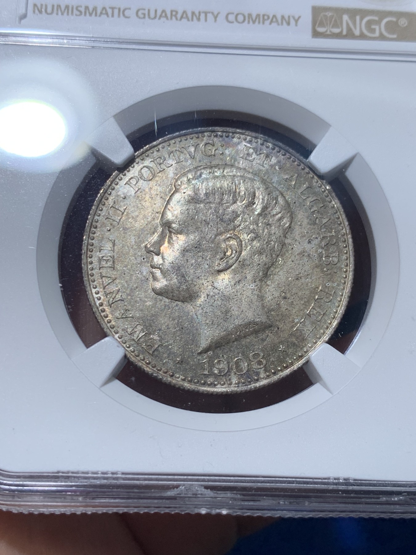 《竞宝斋》第257场-周日，周一 2场连拍 (全场包邮) NGC MS62 葡萄牙1908曼努埃尔二世500R银币，五彩包浆