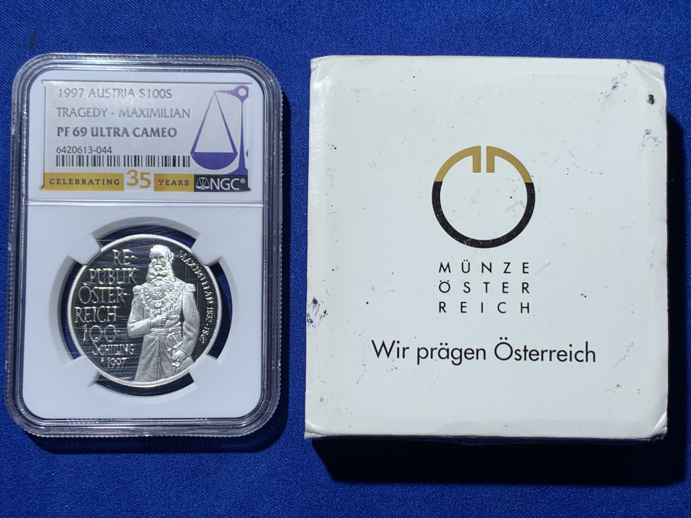 《竞宝斋》第257场-周日，周一 2场连拍 (全场包邮) NGC PF69UC 奥地利1997年发行马克西米利皇帝100先令精制币（克劳斯获奖1999年最佳银币） NGC35周年标 盒装