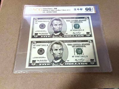 【Blue Auction】✨世界纸币精拍第460期【精】 【二联体】美国 2006年5美金 ACG66EPQ 