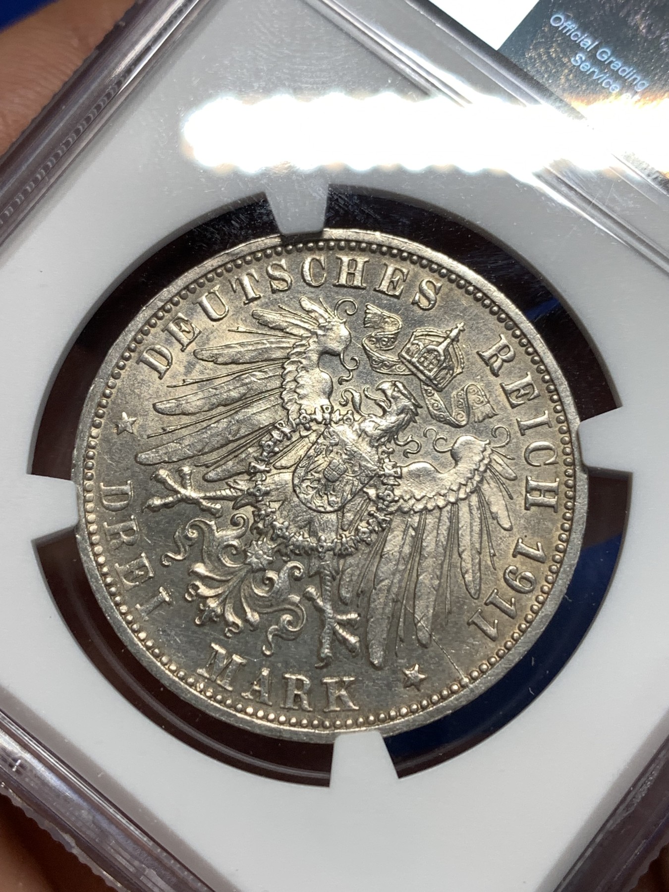 《竞宝斋》第257场-周日，周一 2场连拍 (全场包邮) NGC MS64 德国1911年符腾堡婚礼3马克银币