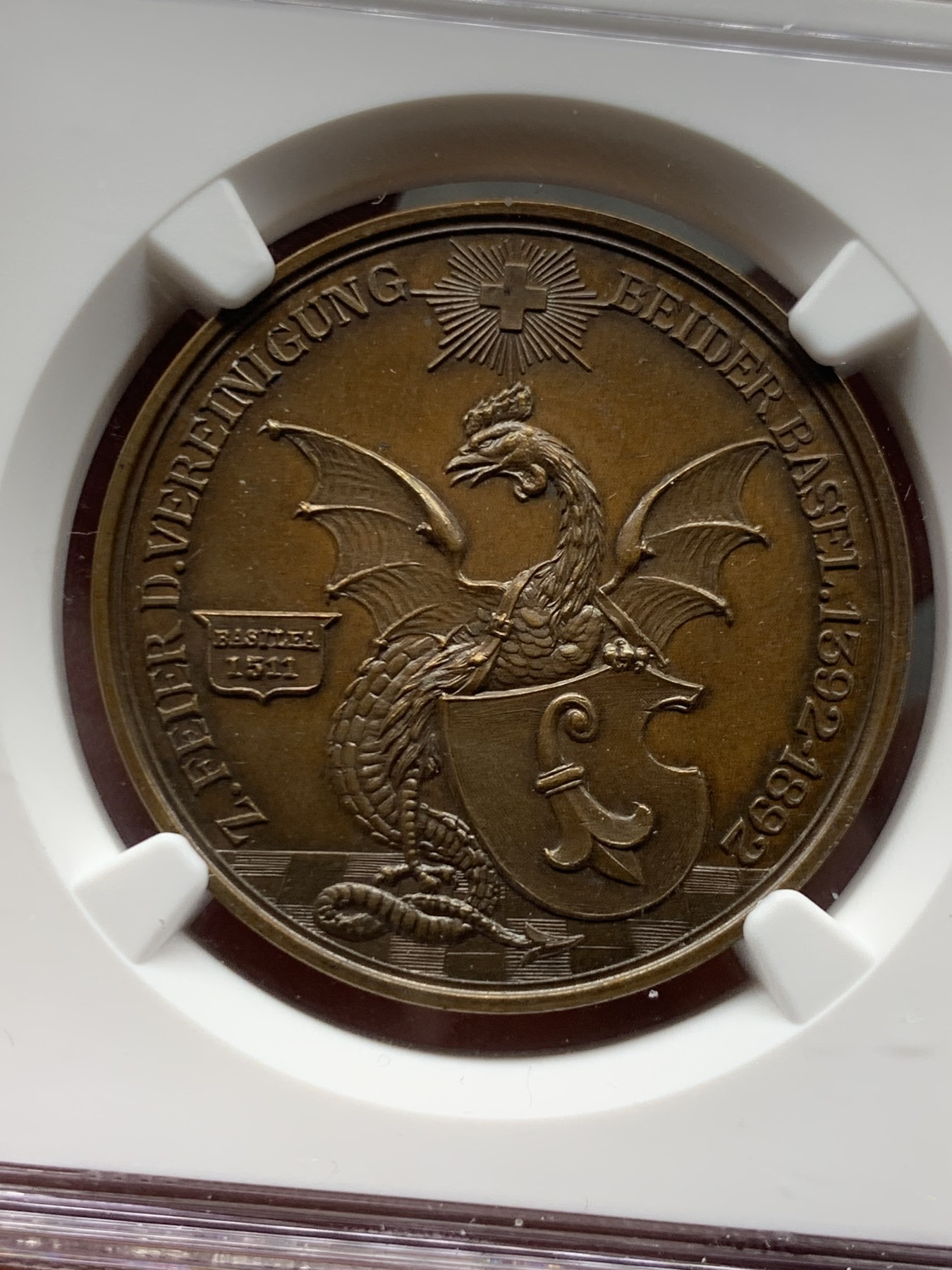 《竞宝斋》第257场-周日，周一 2场连拍 (全场包邮) NGC MS64BN 瑞士1892年巴塞尔统一500周年纪念城市景观铜章 设计精美 稀少难得！