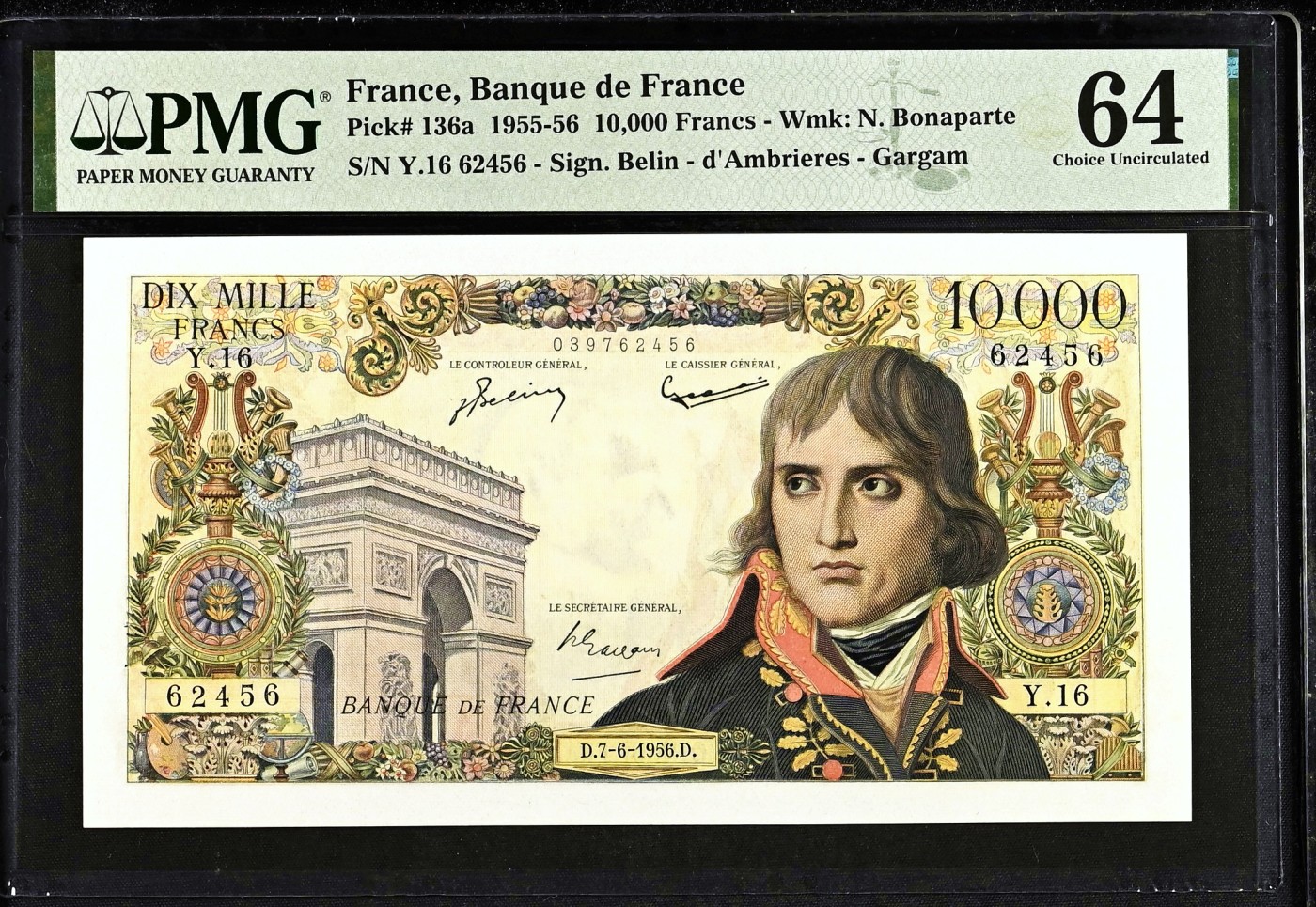 【Blue Auction】✨世界纸币精拍第460期【精】 【未改值版本 冠军分】法国 1956年10000法郎 经典拿破仑 PMG64 非常漂亮 