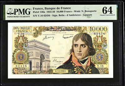 【Blue Auction】✨世界纸币精拍第460期【精】 【未改值版本 冠军分】法国 1956年10000法郎 经典拿破仑 PMG64 非常漂亮 