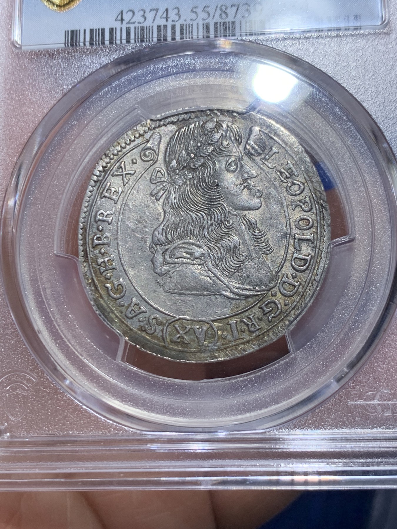 《竞宝斋》第257场-周日，周一 2场连拍 (全场包邮) PCGS AU55 神圣罗马帝国匈牙利1684年利奥波德一世 15克鲁泽 银币