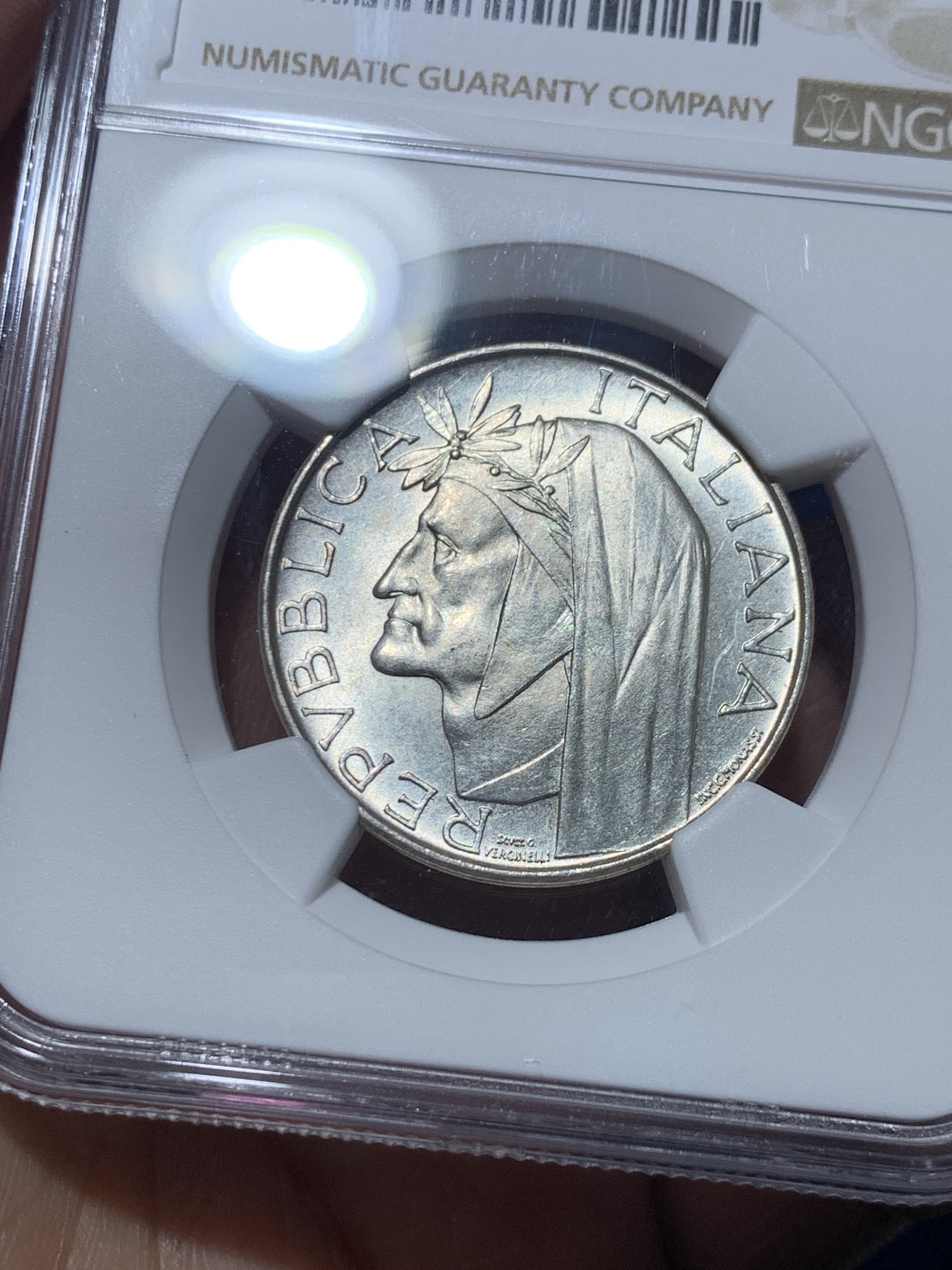 《竞宝斋》第257场-周日，周一 2场连拍 (全场包邮) NGC MS65 意大利1965年但丁500里拉银币 少见品