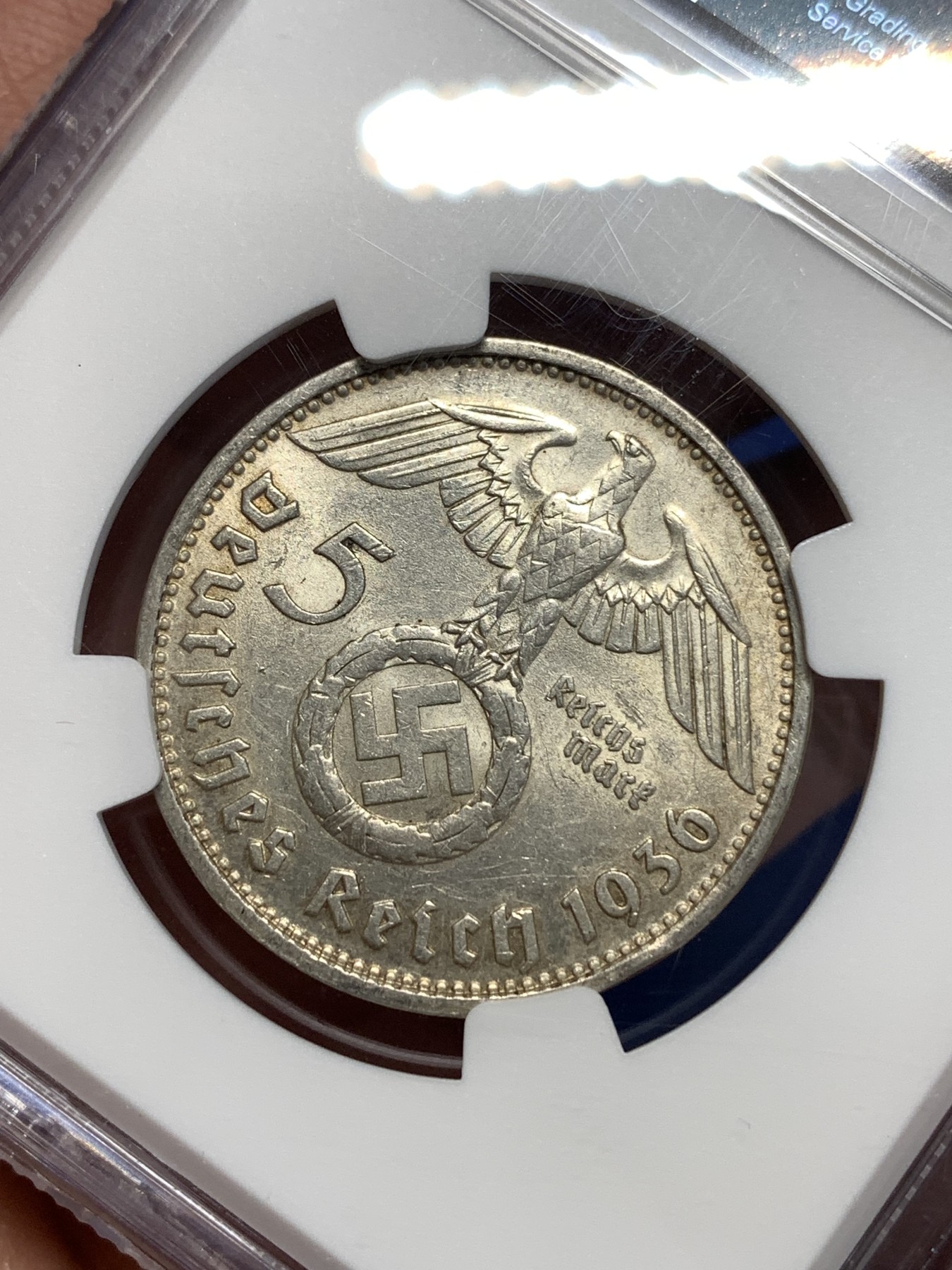 《竞宝斋》第257场-周日，周一 2场连拍 (全场包邮) NGC MS62 德国1936年D版兴登堡带字5马克银币 原光好品