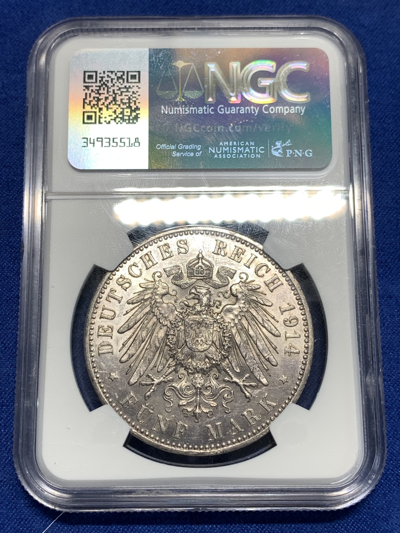 《竞宝斋》第257场-周日，周一 2场连拍 (全场包邮) NGC AU55 德国1914年普鲁士威二戎装版5马克银币