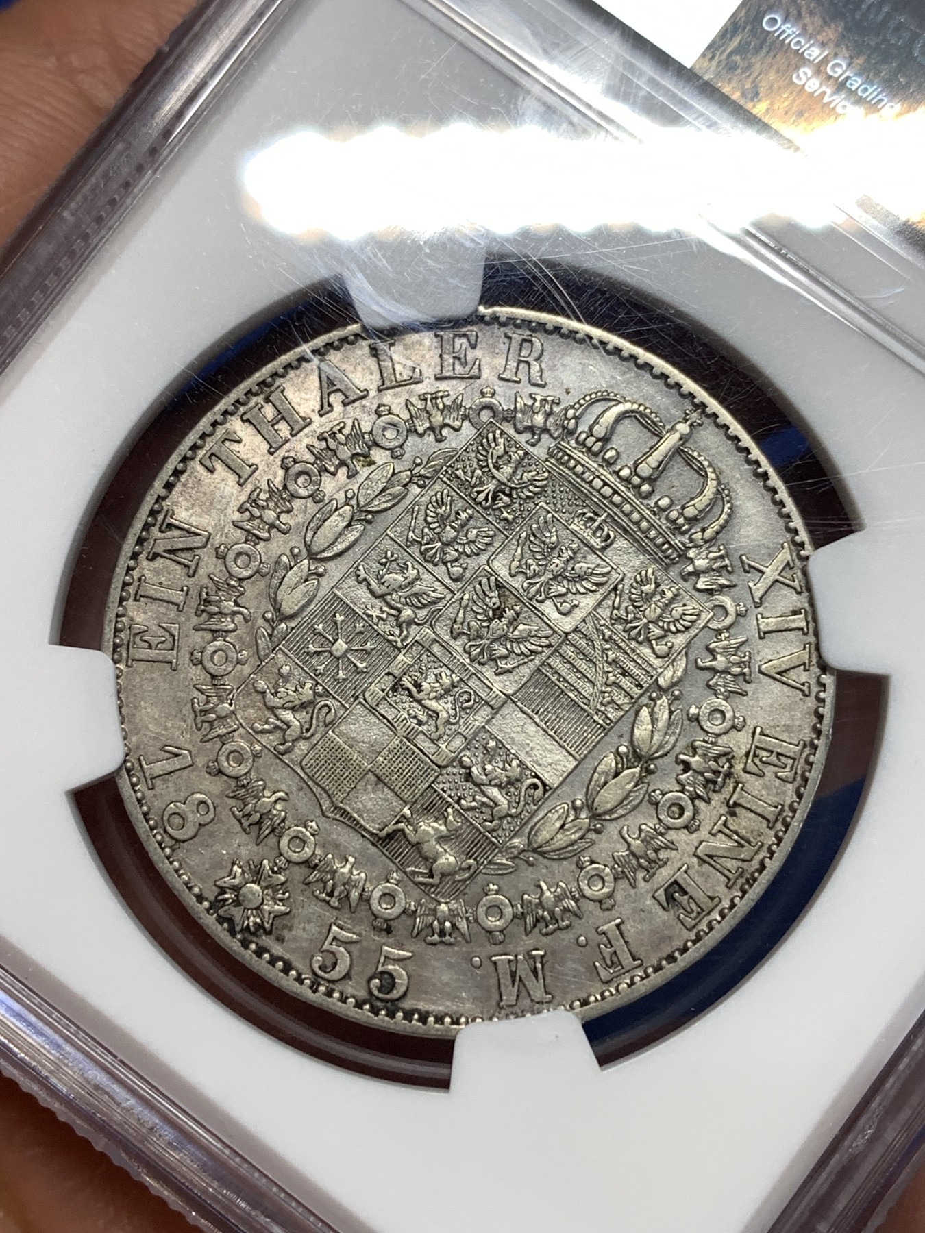 《竞宝斋》第257场-周日，周一 2场连拍 (全场包邮) NGC AU53德国1855年威廉四世洋葱头1泰勒银币 少见早期大版 带底光 细节保存挺好 严评