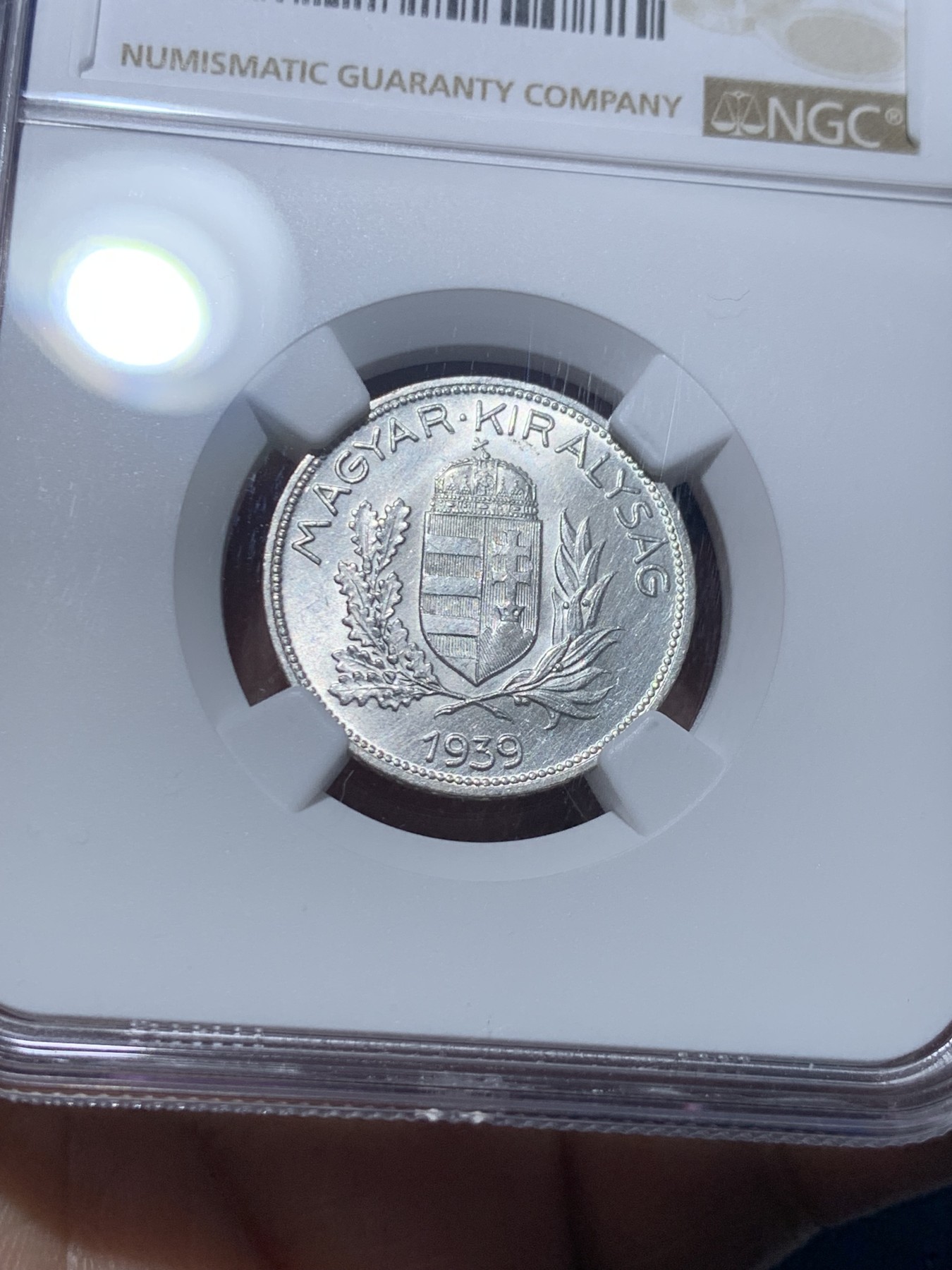 《竞宝斋》第257场-周日，周一 2场连拍 (全场包邮) NGC UNC 匈牙利1939-BP盾徽1潘果银币 少见品种