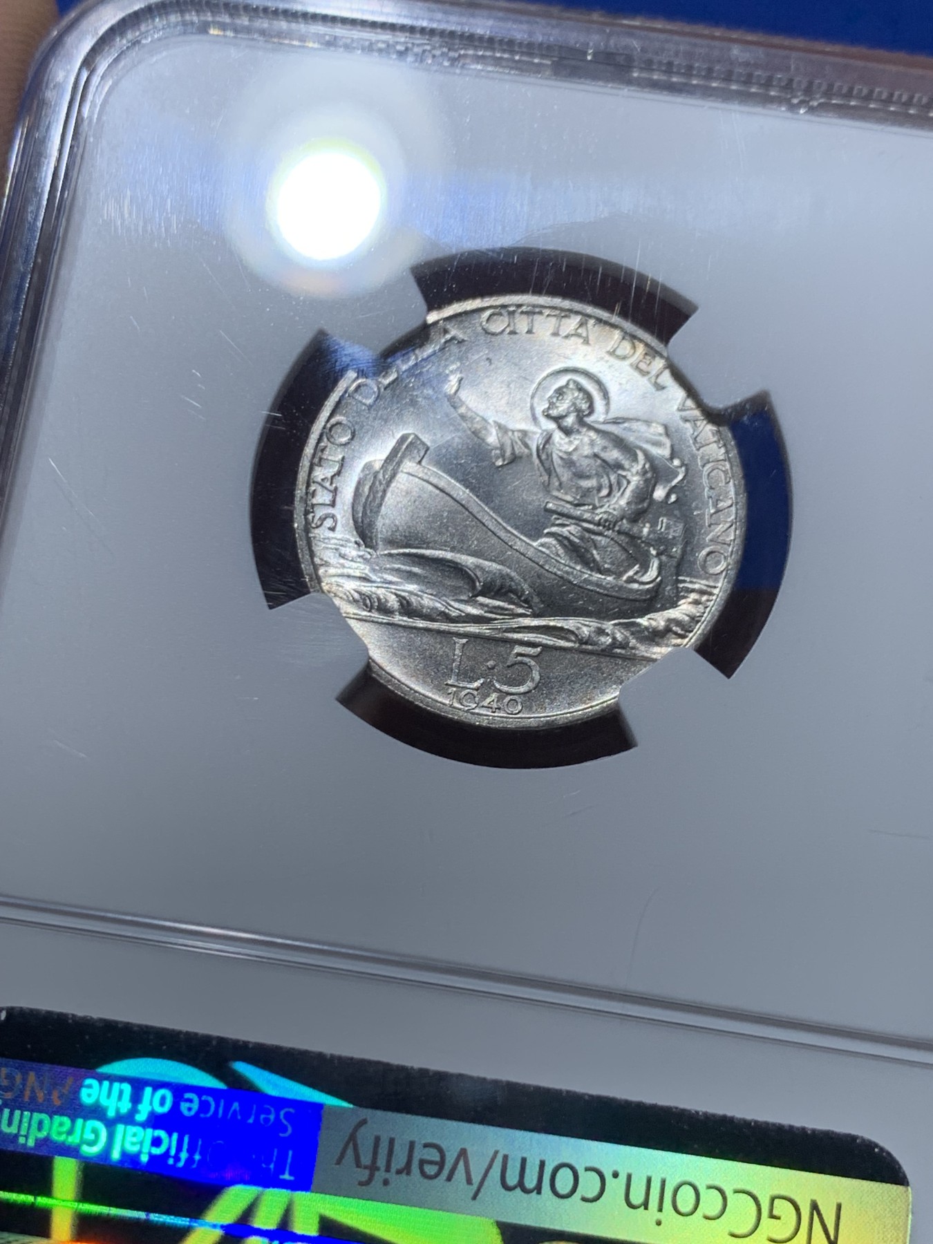 《竞宝斋》第257场-周日，周一 2场连拍 (全场包邮) NGC MS64 梵蒂冈 1940年 划船 5里拉 银币 带微彩