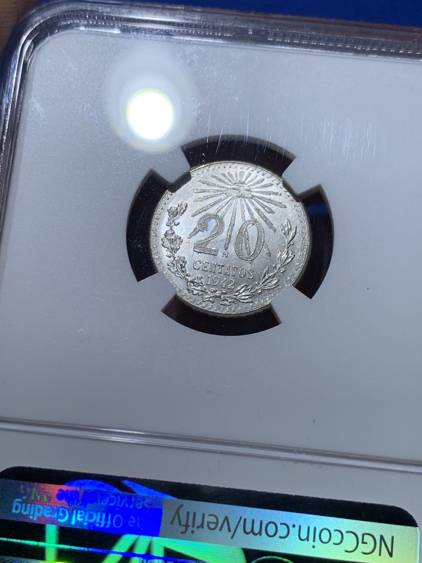 《竞宝斋》第257场-周日，周一 2场连拍 (全场包邮) NGC MS65 墨西哥1942M鹰洋20分银币 收藏级分数