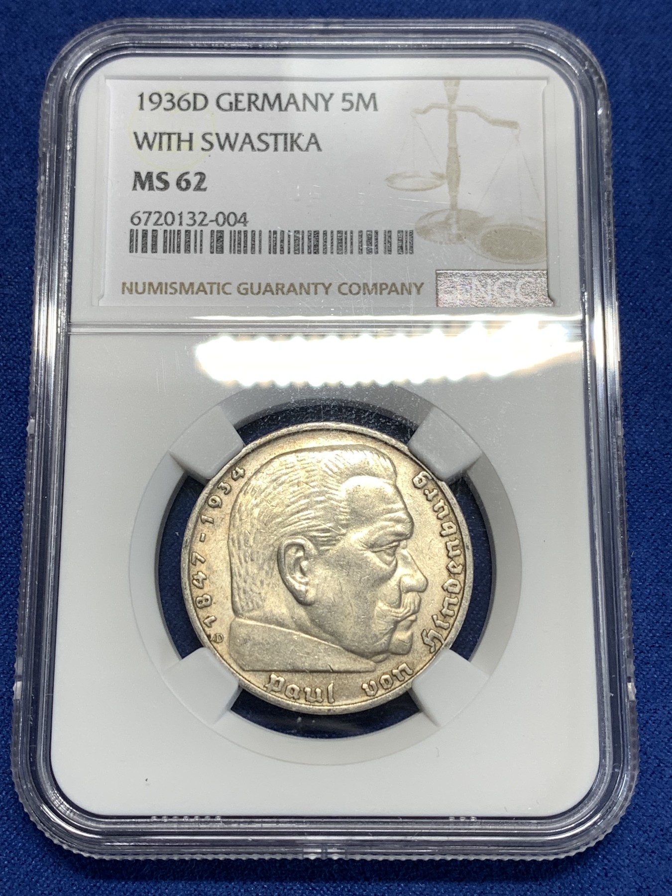 《竞宝斋》第257场-周日，周一 2场连拍 (全场包邮) NGC MS62 德国1936年D版兴登堡带字5马克银币 原光好品