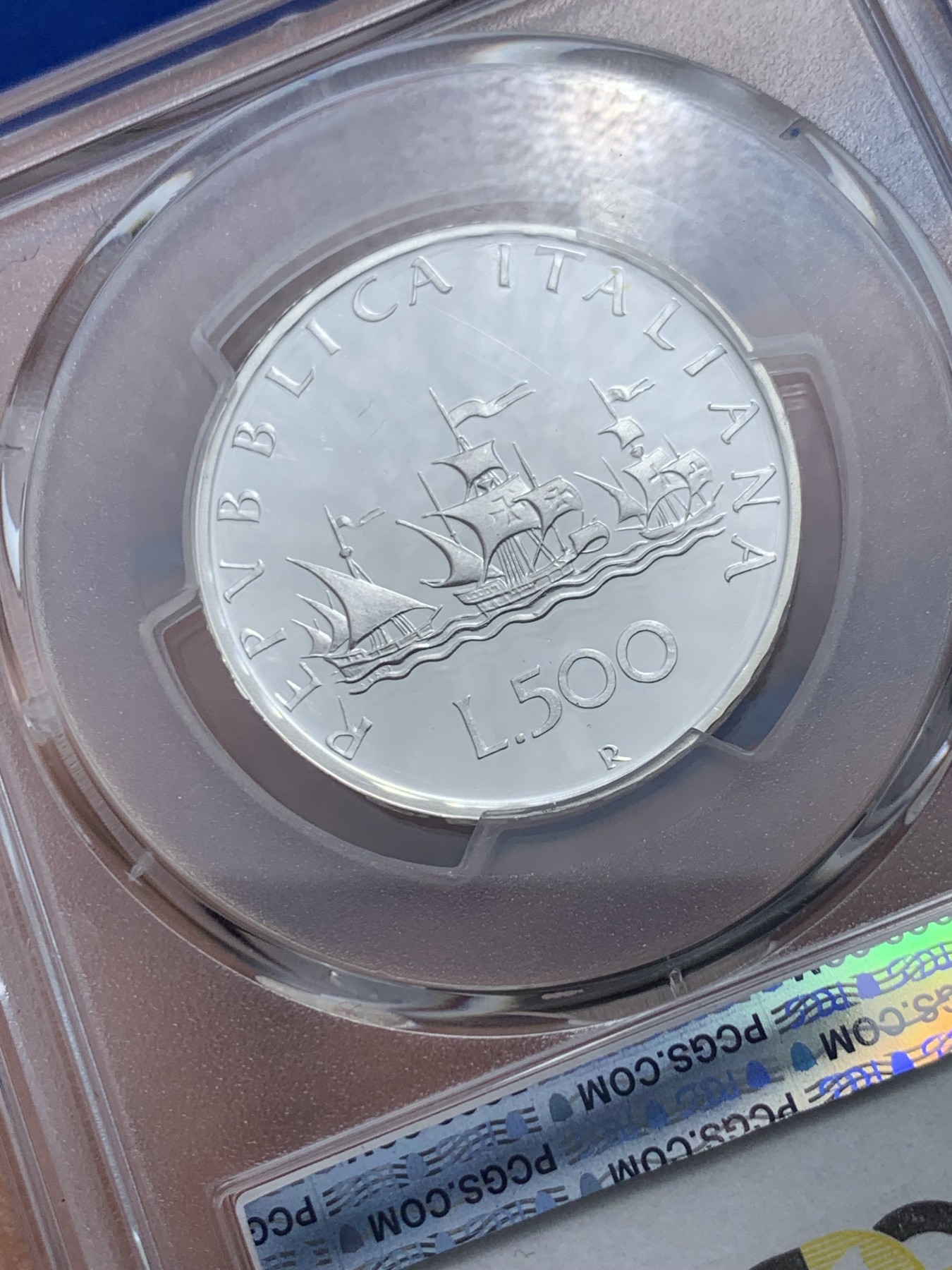 《竞宝斋》第257场-周日，周一 2场连拍 (全场包邮) PCGS PR69DCAM 意大利1989年罗马造币厂500里拉帆船女神银币 69分凝霜明显潜力巨大