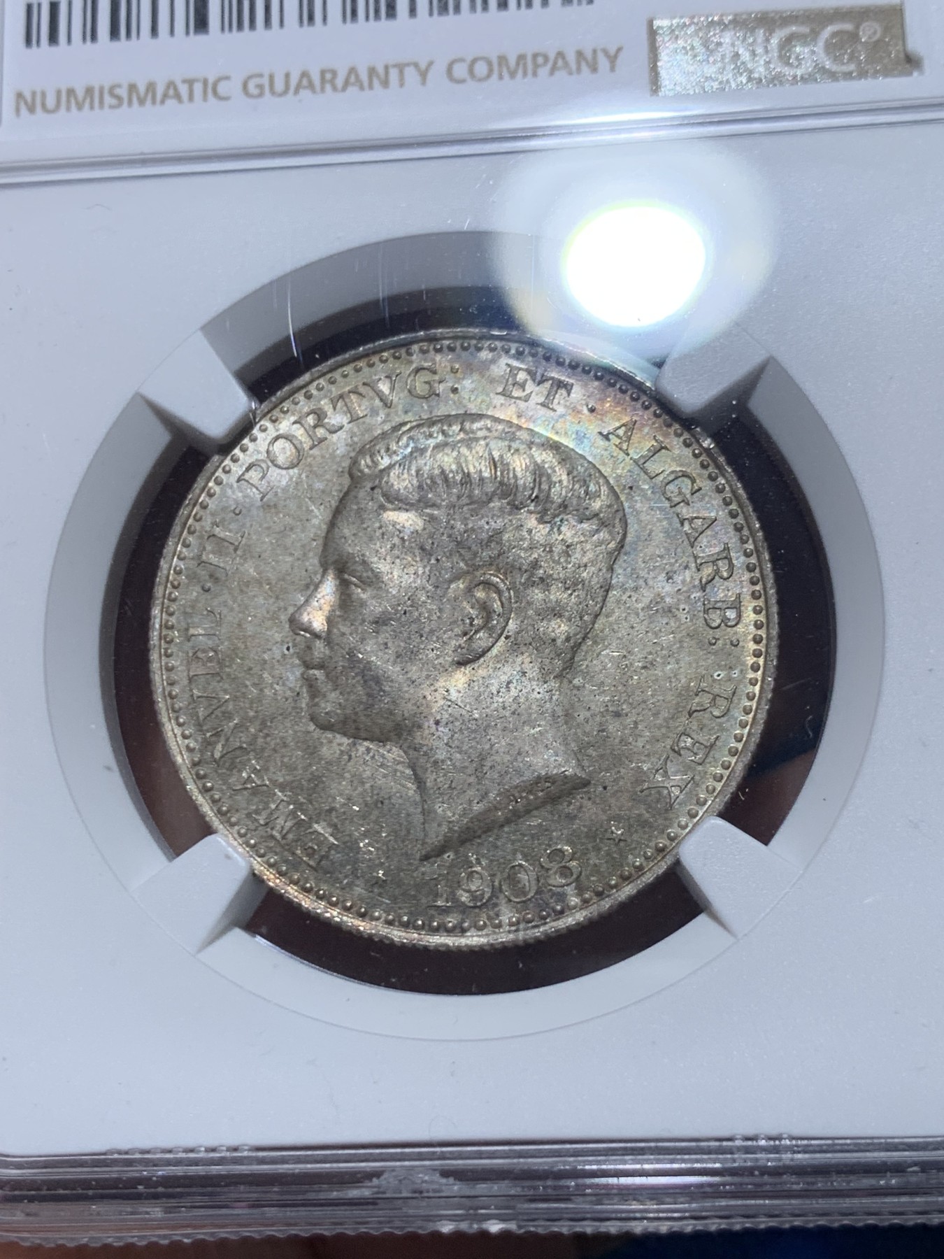 《竞宝斋》第257场-周日，周一 2场连拍 (全场包邮) NGC MS62 葡萄牙1908曼努埃尔二世500R银币，五彩包浆