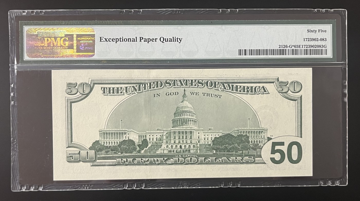 Chase Auction 第27期 - - 外钞、民国钞和人民币混合场！ 1996年正版 50美元 联邦储备券 大头版首发年份 G区星补号STAR PMG老壳严格评级 65EPQ
