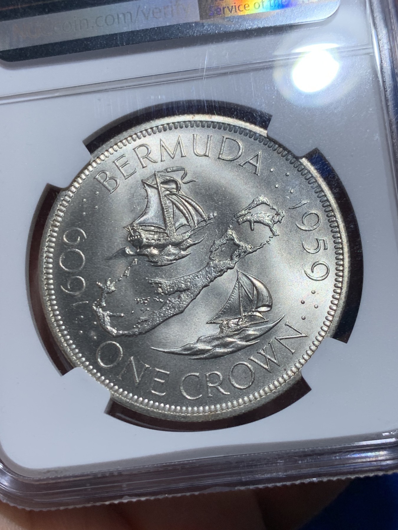 《竞宝斋》第257场-周日，周一 2场连拍 (全场包邮) NGC MS66 1959年百慕大1克朗大银币，百慕大早期唯一的高银克朗，少见品种