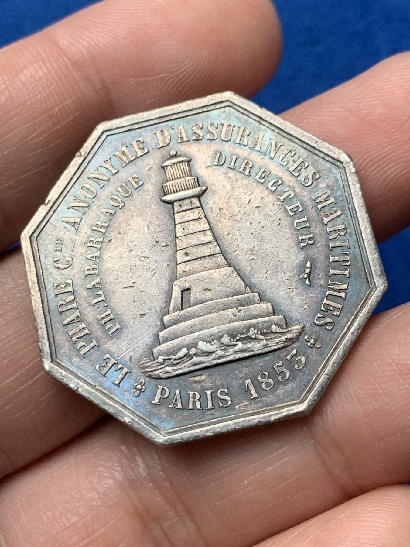 《竞宝斋》第257场-周日，周一 2场连拍 (全场包邮) 法国1845-1860巴黎海事保险八角银质代币 34.8mm 18.8g 手指铭银标