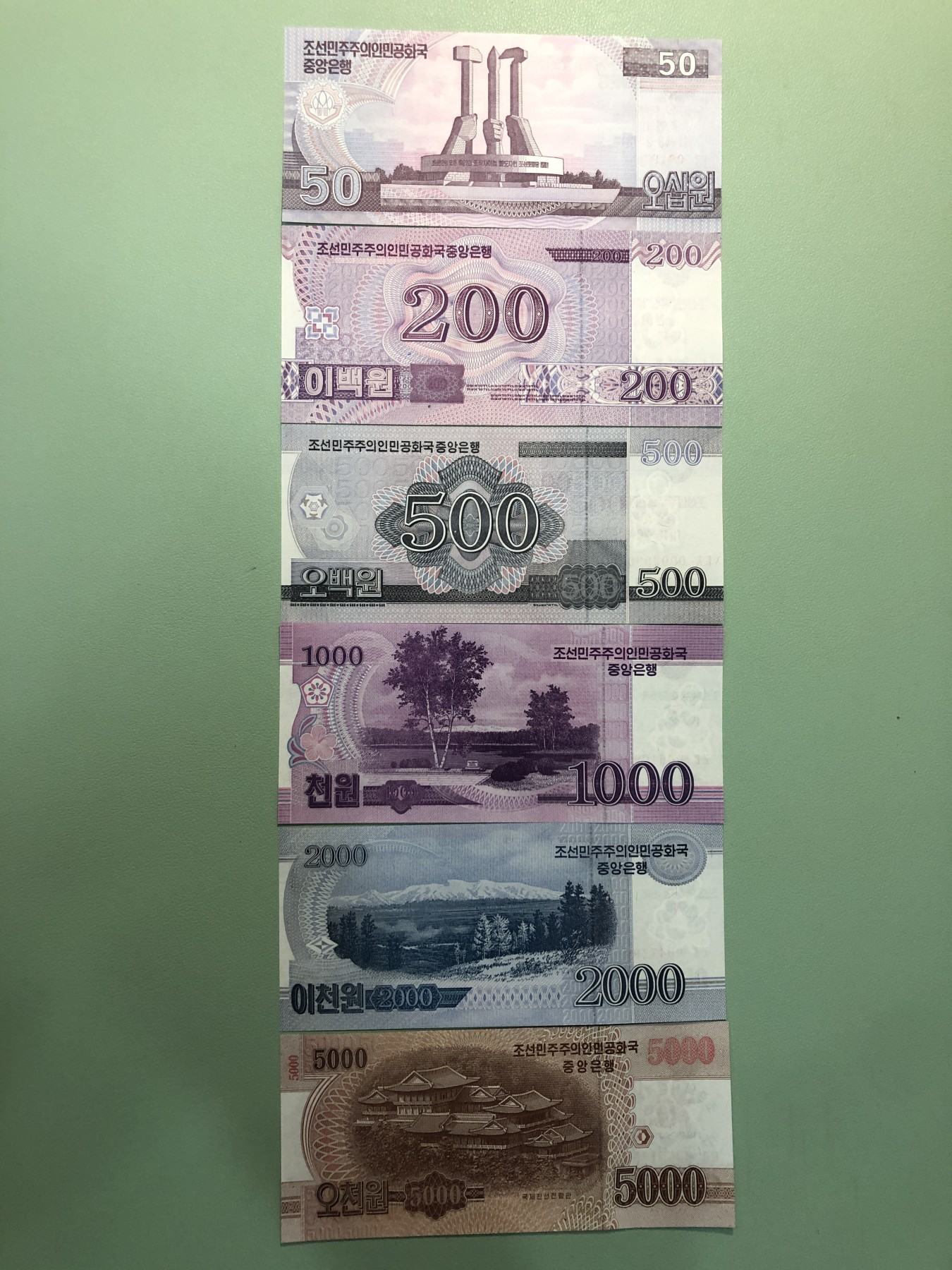 世界外币 2002-2013年，朝鲜70周年纪念钞一套6张50-5000外国纸币，全新UNC品相