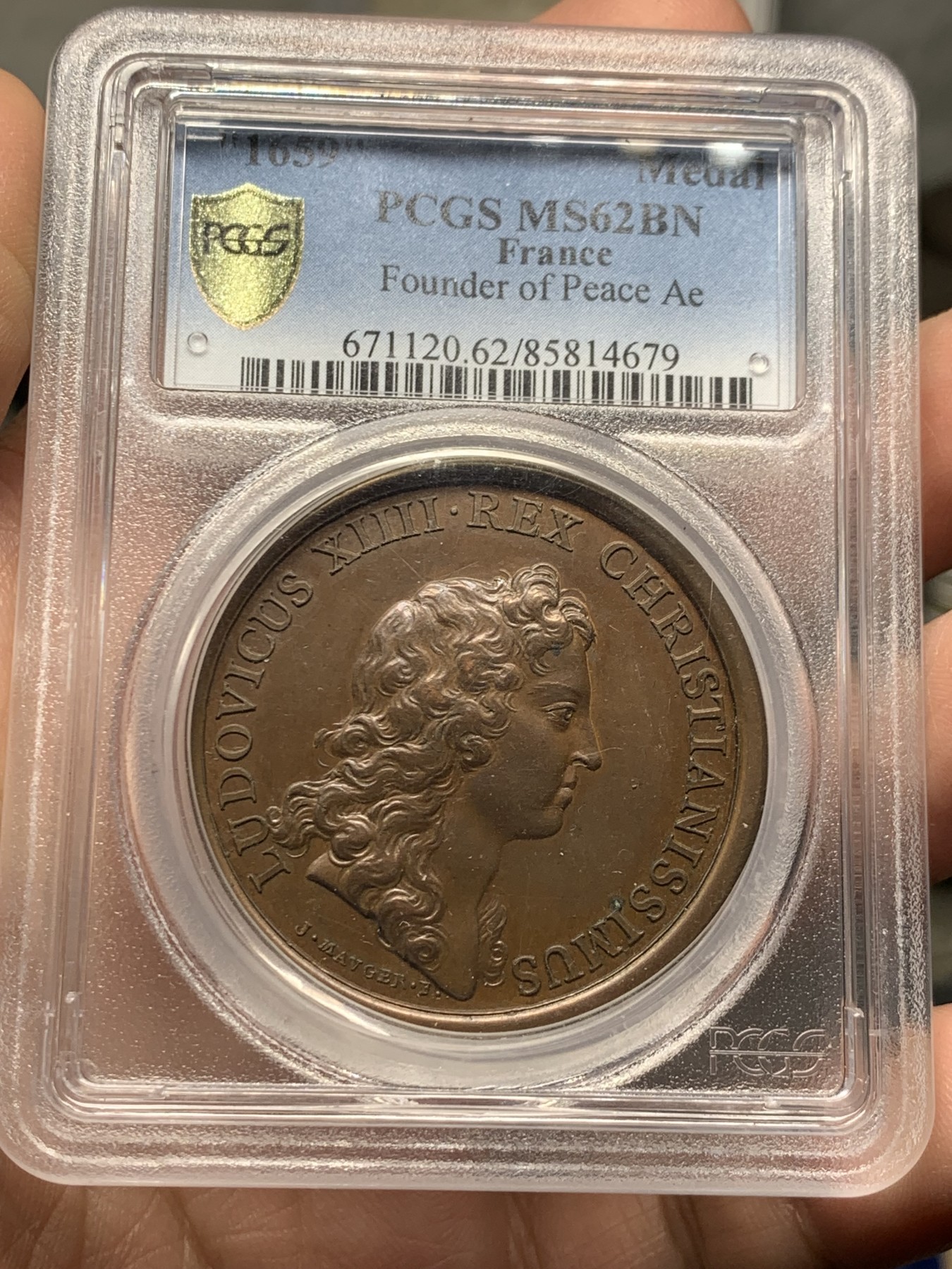 《竞宝斋》第257场-周日，周一 2场连拍 (全场包邮) PCGS MS62BN 法国路易十四铜章 青年版头像 状态不错 相当少见 pcgs唯一评级记录 加厚盒装