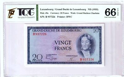 【Blue Auction】✨世界纸币精拍第460期【精】 卢森堡 1955年20法郎 TQG66EPQ 女大公 背面风景唯美