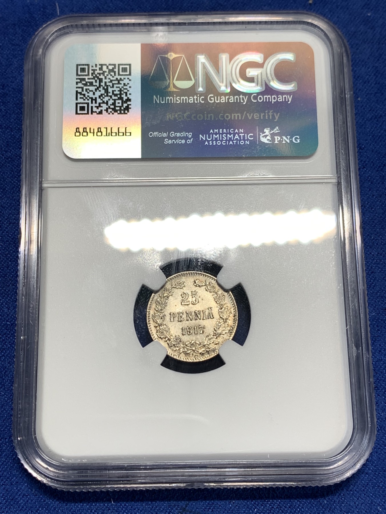 《竞宝斋》第257场-周日，周一 2场连拍 (全场包邮) NGC MS65 1917年芬兰内战无冠双头鹰25芬妮银币，高分原光