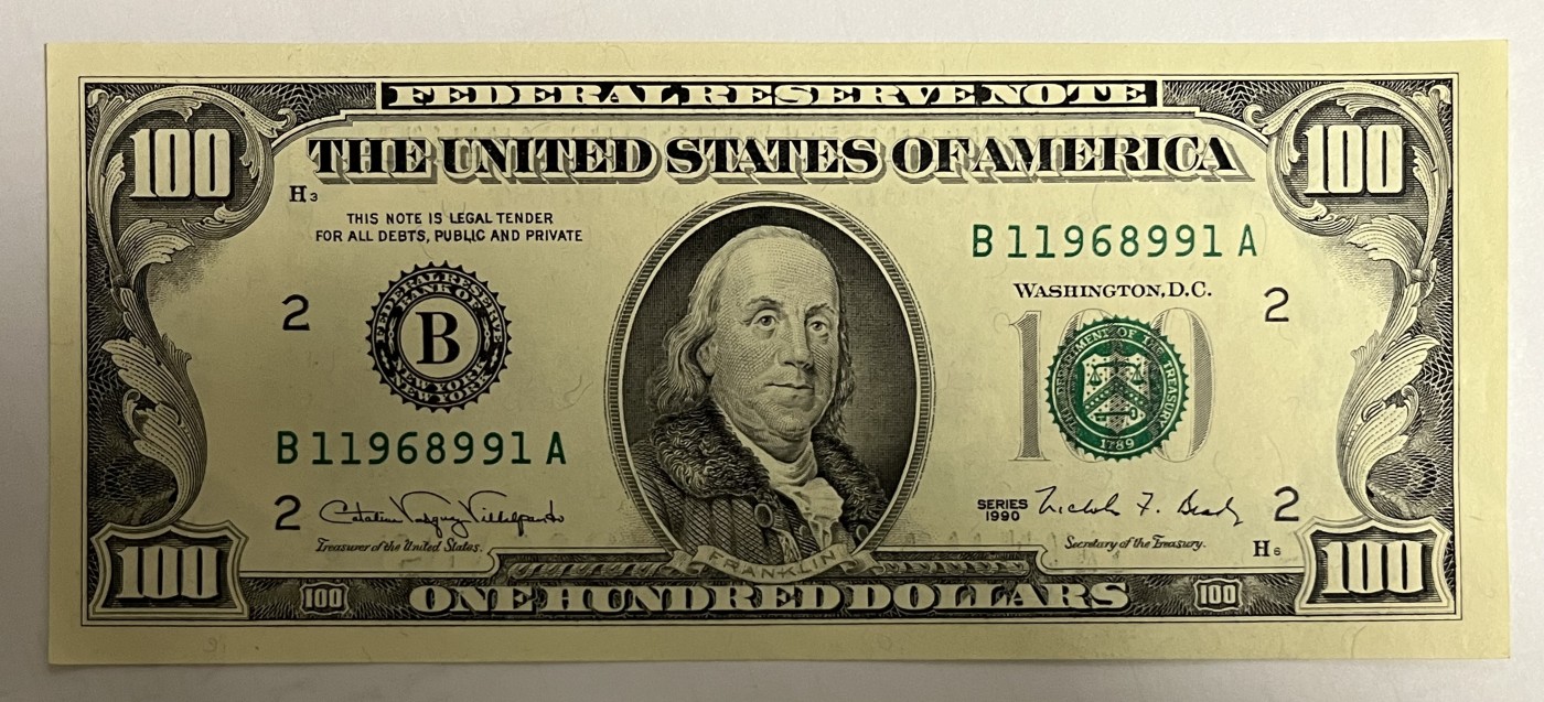 Chase Auction 第27期 - - 外钞、民国钞和人民币混合场！ 1990年正版 100美元 联邦储备券 B区首发A冠 倒置号码