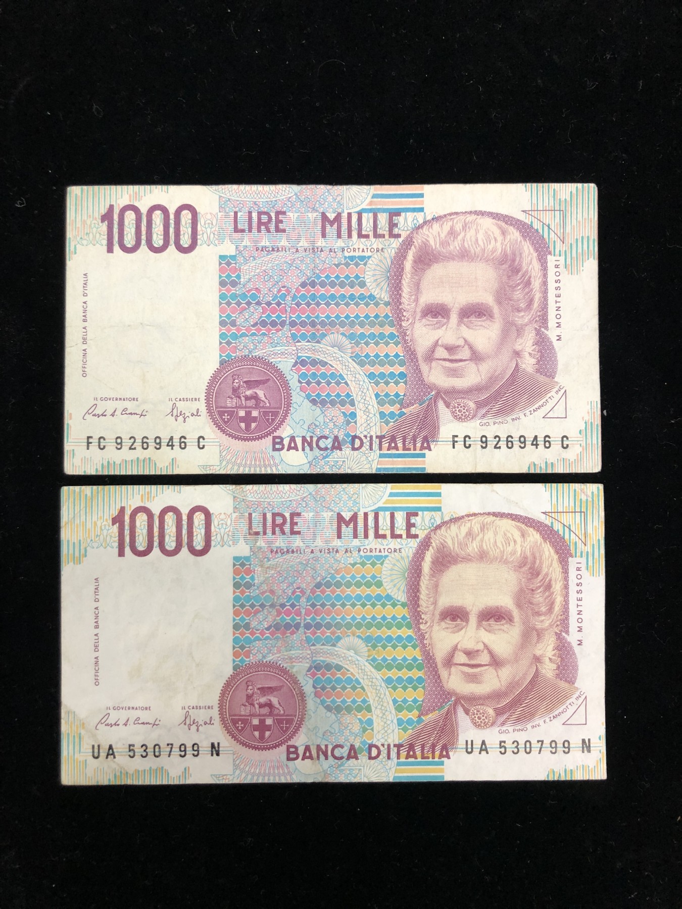 世界外币 1990年，意大利1000里拉纸币，中上品