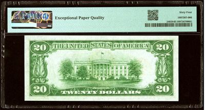 【Blue Auction】✨世界纸币精拍第460期【精】  【AA冠 升值品种】美国 1928年20美金 黄金券 杰克逊 PMG64EPQ 四角尖尖 状态非常好 值得收藏 