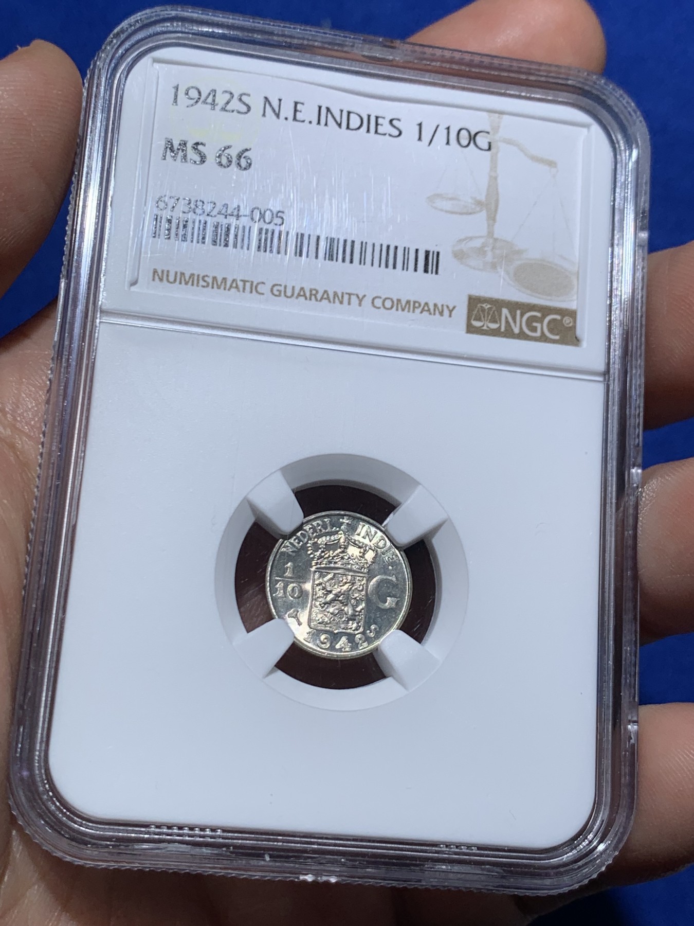 《竞宝斋》第257场-周日，周一 2场连拍 (全场包邮) NGC MS66 1942年S版 荷属东印度群岛（今印尼）1/10盾银币 高分好品