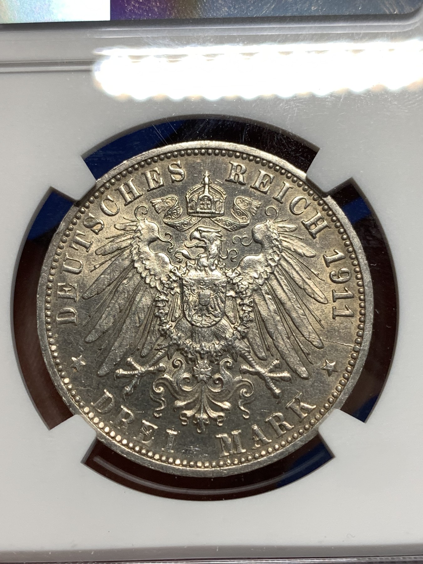 《竞宝斋》第257场-周日，周一 2场连拍 (全场包邮) NGC MS64 德国1911年符腾堡婚礼3马克银币