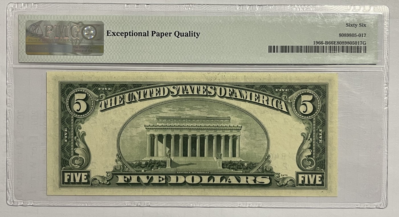 Chase Auction 第27期 - - 外钞、民国钞和人民币混合场！ 1950E版 5美元 联邦储备券（1950系列的末版） PMG严格评级 高分66EPQ
