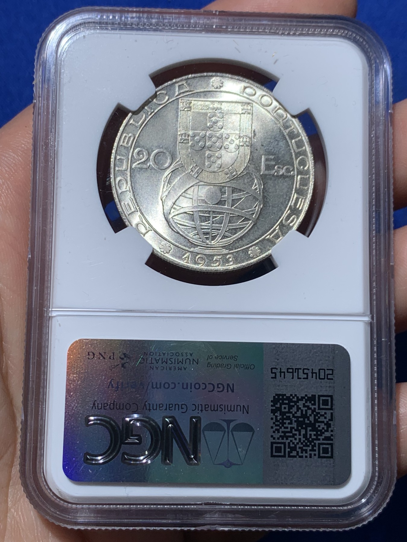 《竞宝斋》第257场-周日，周一 2场连拍 (全场包邮) NGC MS65 葡萄牙1953年金融改革制度25周年20埃斯库多银币