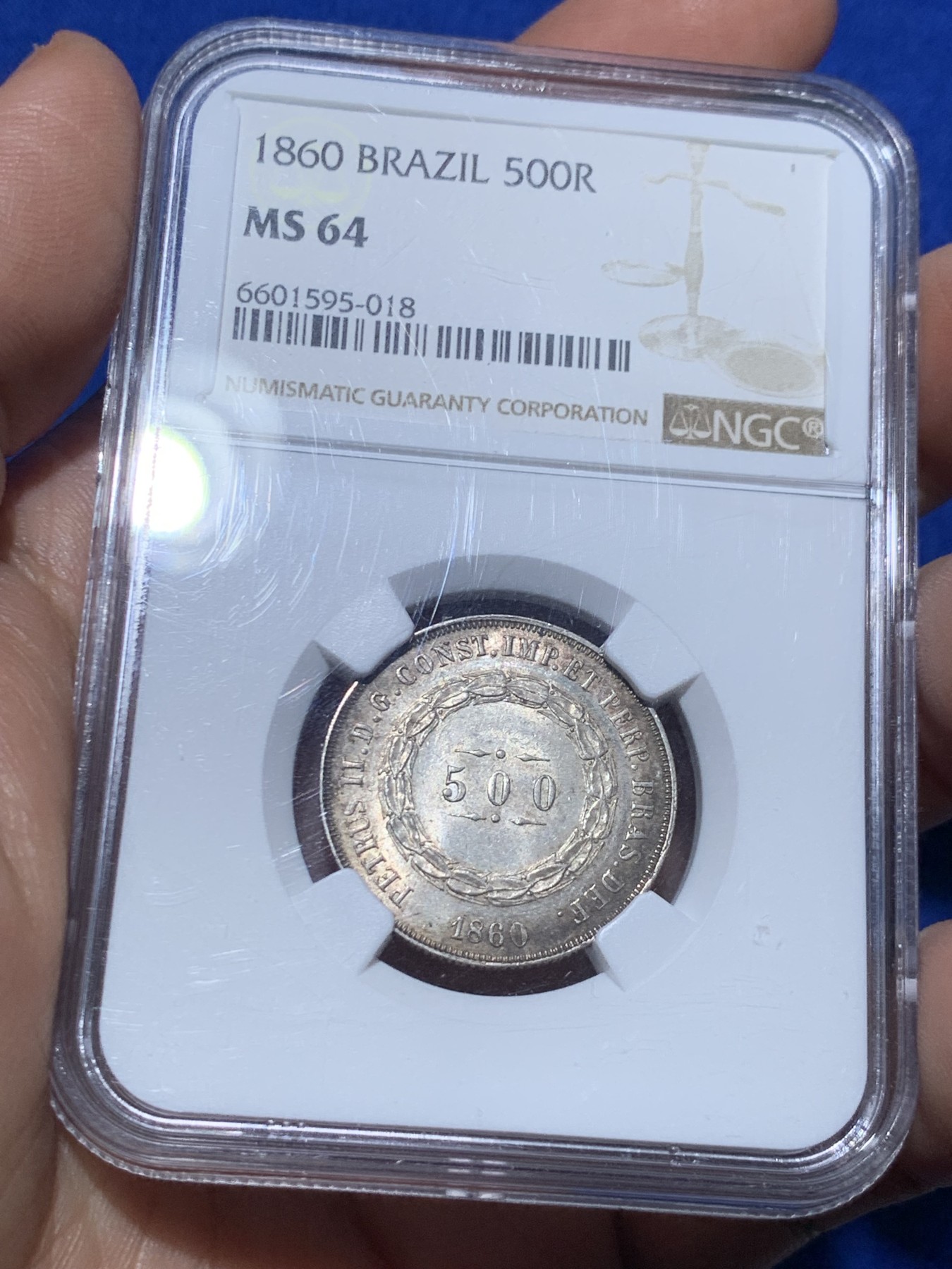 《竞宝斋》第257场-周日，周一 2场连拍 (全场包邮) 亚军分 NGC MS64 巴西 1860年 500瑞斯 银币 好彩 少见品种