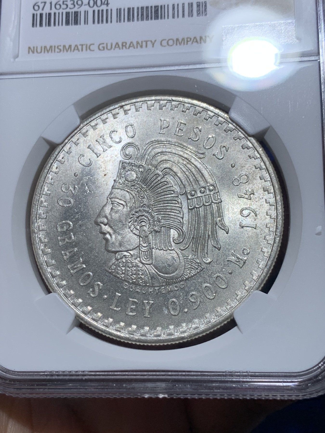 《竞宝斋》第257场-周日，周一 2场连拍 (全场包邮) NGC MS64 墨西哥1948年玛雅人5比索大银币 超级丝滑的一枚