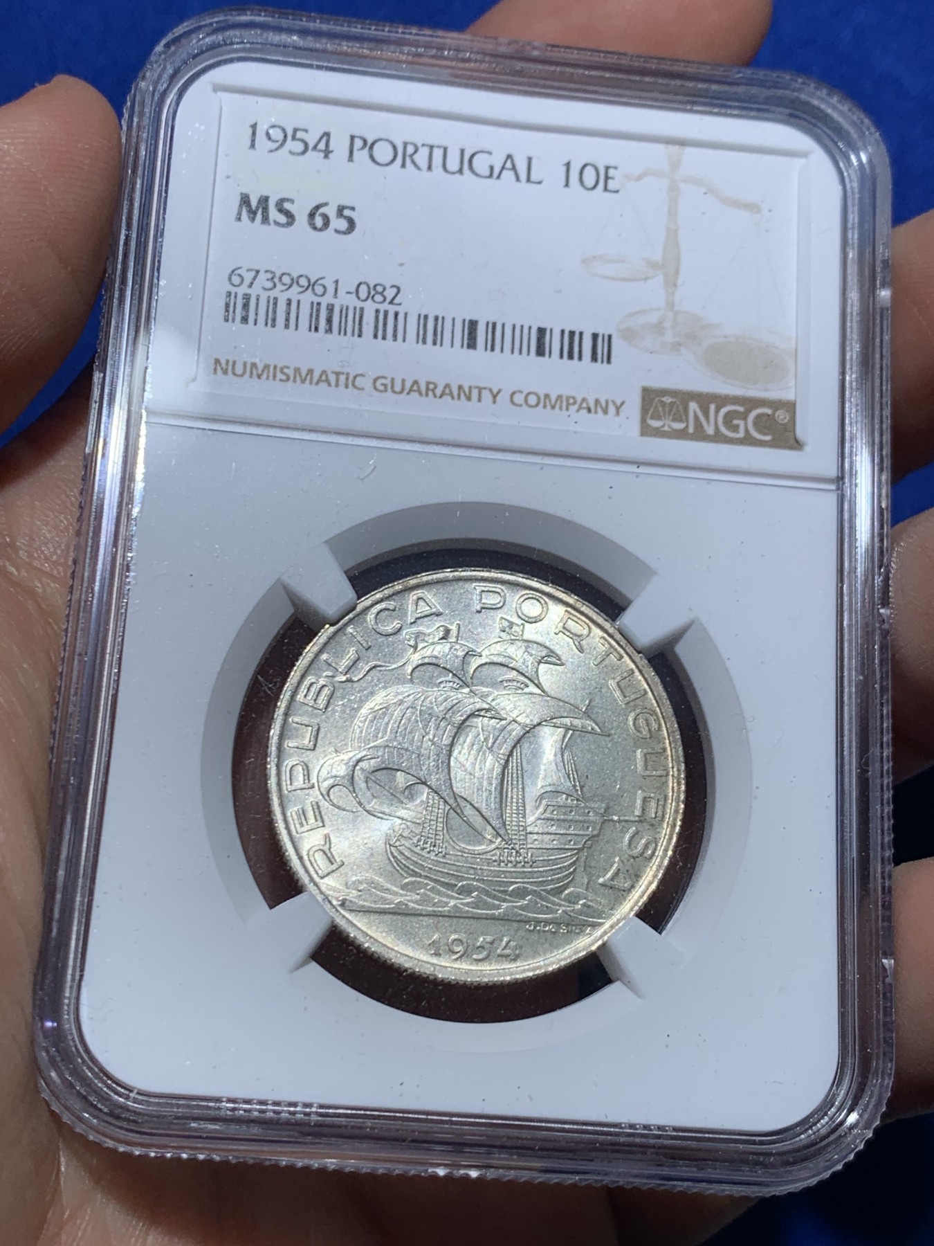 《竞宝斋》第257场-周日，周一 2场连拍 (全场包邮) NGC MS65 葡萄牙1954年大帆船10埃斯库多银币