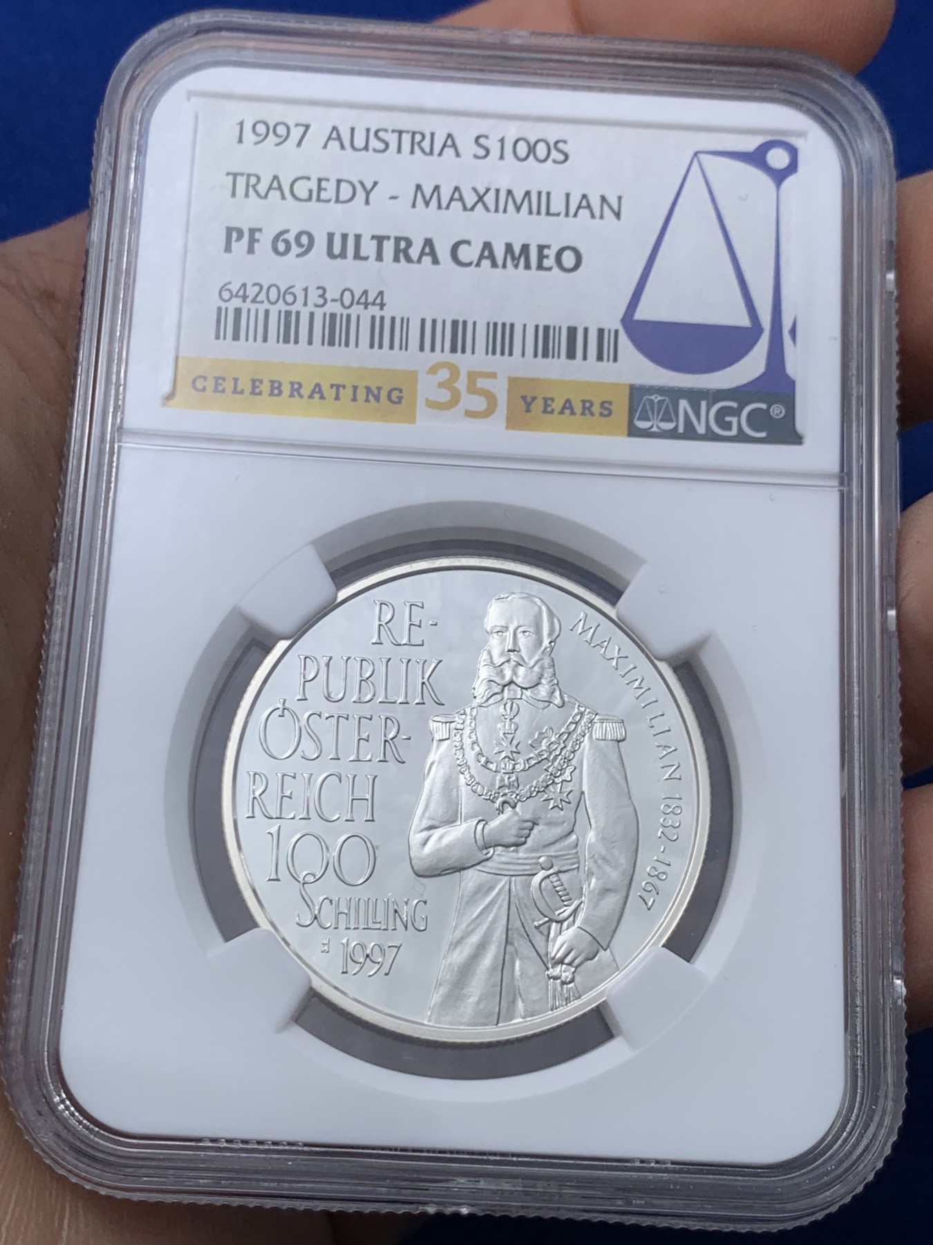 《竞宝斋》第257场-周日，周一 2场连拍 (全场包邮) NGC PF69UC 奥地利1997年发行马克西米利皇帝100先令精制币（克劳斯获奖1999年最佳银币） NGC35周年标 盒装