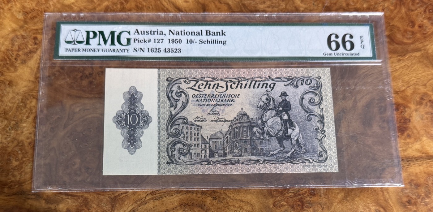 Chase Auction 第27期 - - 外钞、民国钞和人民币混合场！ 1950年奥地利10先令，PMG66！
