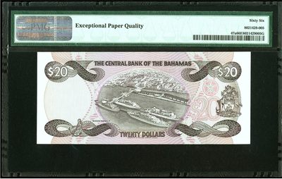 【Blue Auction】✨世界纸币精拍第460期【精】 【仅1张更高分 a版少见 目录价远高于b版 无47】巴哈马 1984年20元 女王 背面港口精美 黑红色套印显品质 PMG66EPQ 老壳 