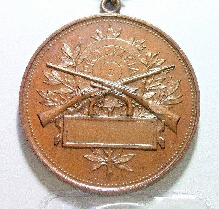 法国1900年前后 射击节高浮雕精制大铜章 带原盒 46MM