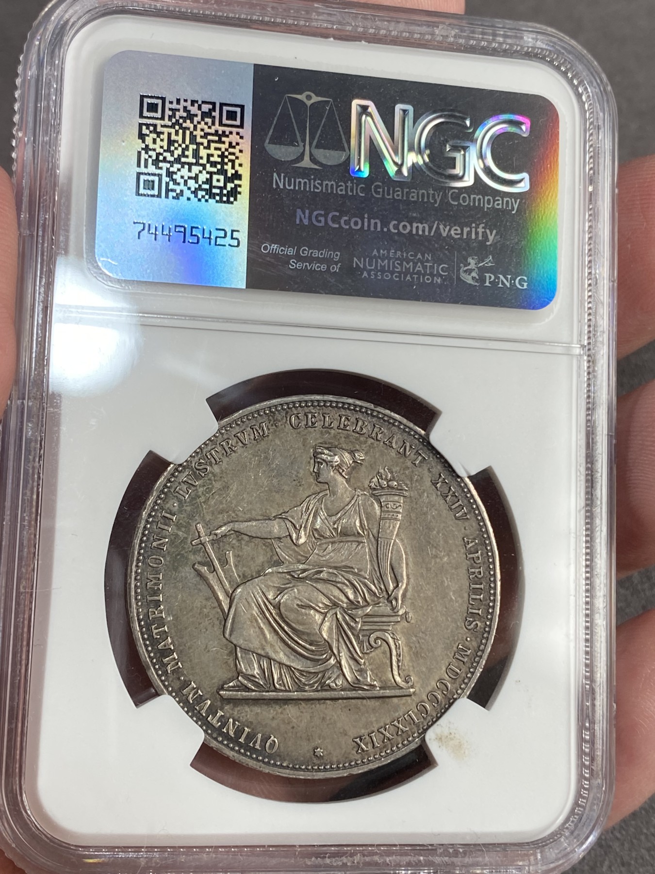万国钱币拍卖第023期（金辉银韵之夜） NGC AUD 1879奥地利茜茜公主结婚2福林 经典品种，原味深包浆。