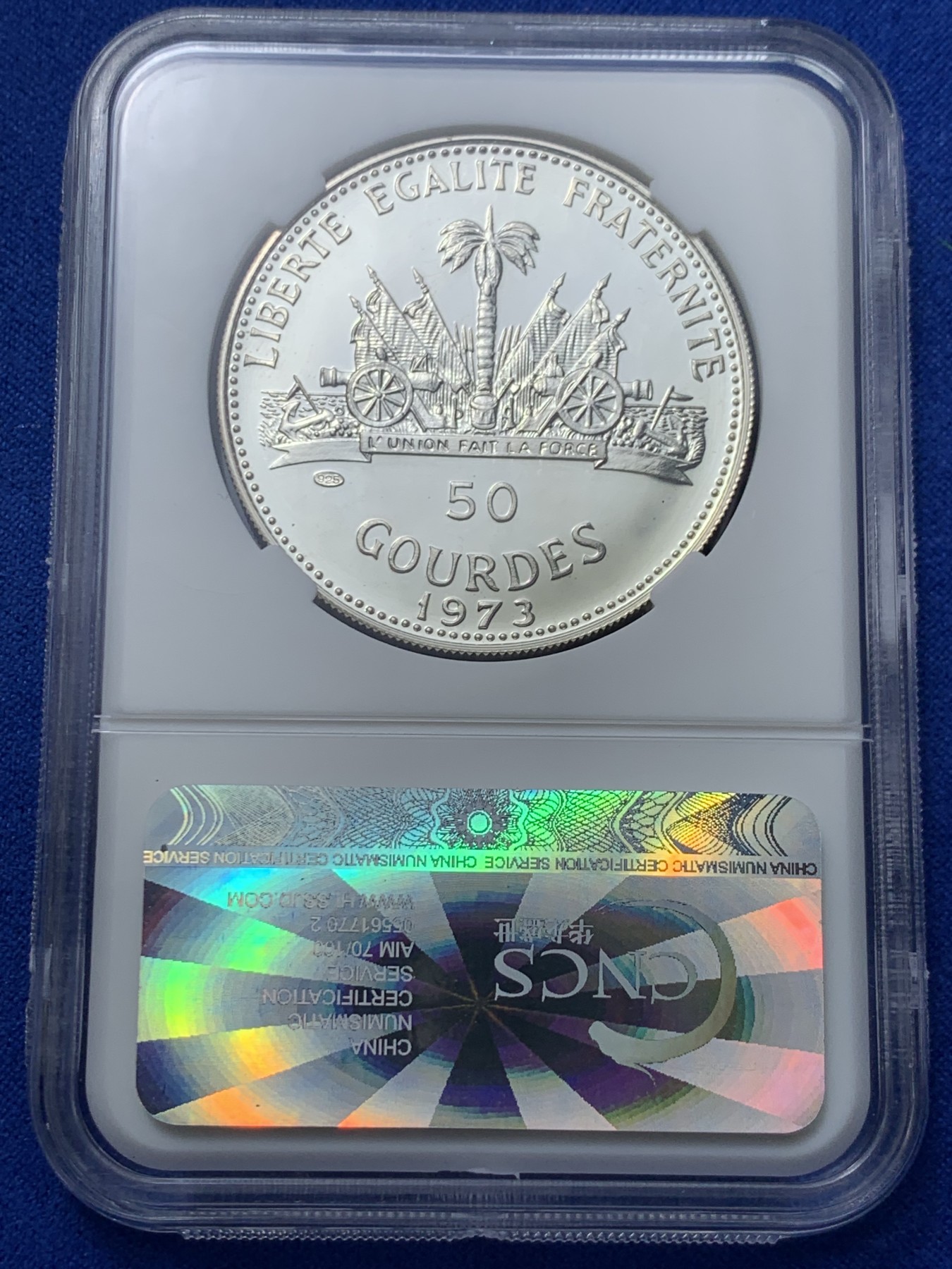 《竞宝斋》第257场-周日，周一 2场连拍 (全场包邮) CNCS PF68 海地1973年吹海螺的少女50古德精制银币 （老精稀收藏品，裸币市价1000+）